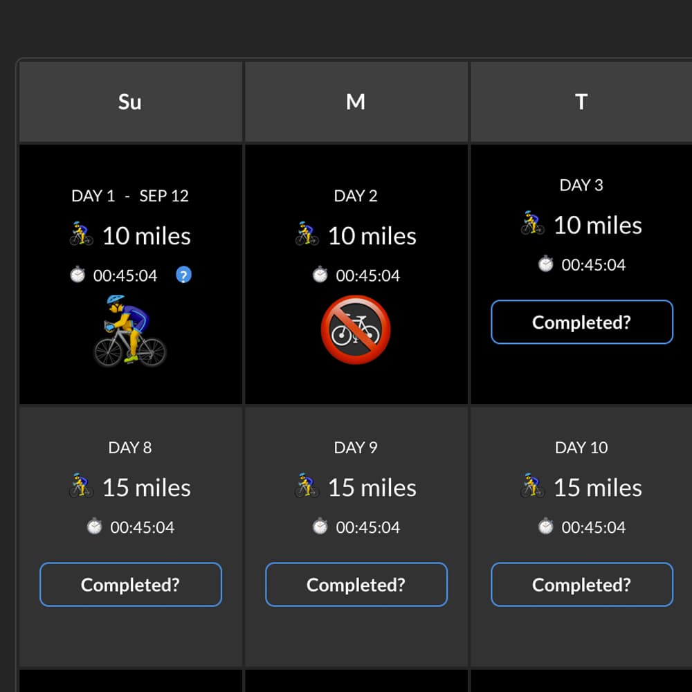 Closeup screenshot of training calendar.